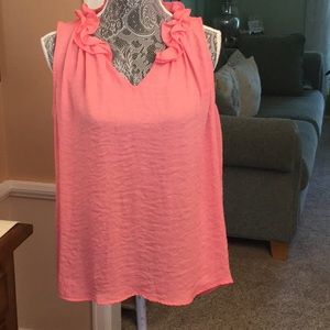 NWT SPRING FLING CORAL SHEER RUFFLE COLLAR TOP